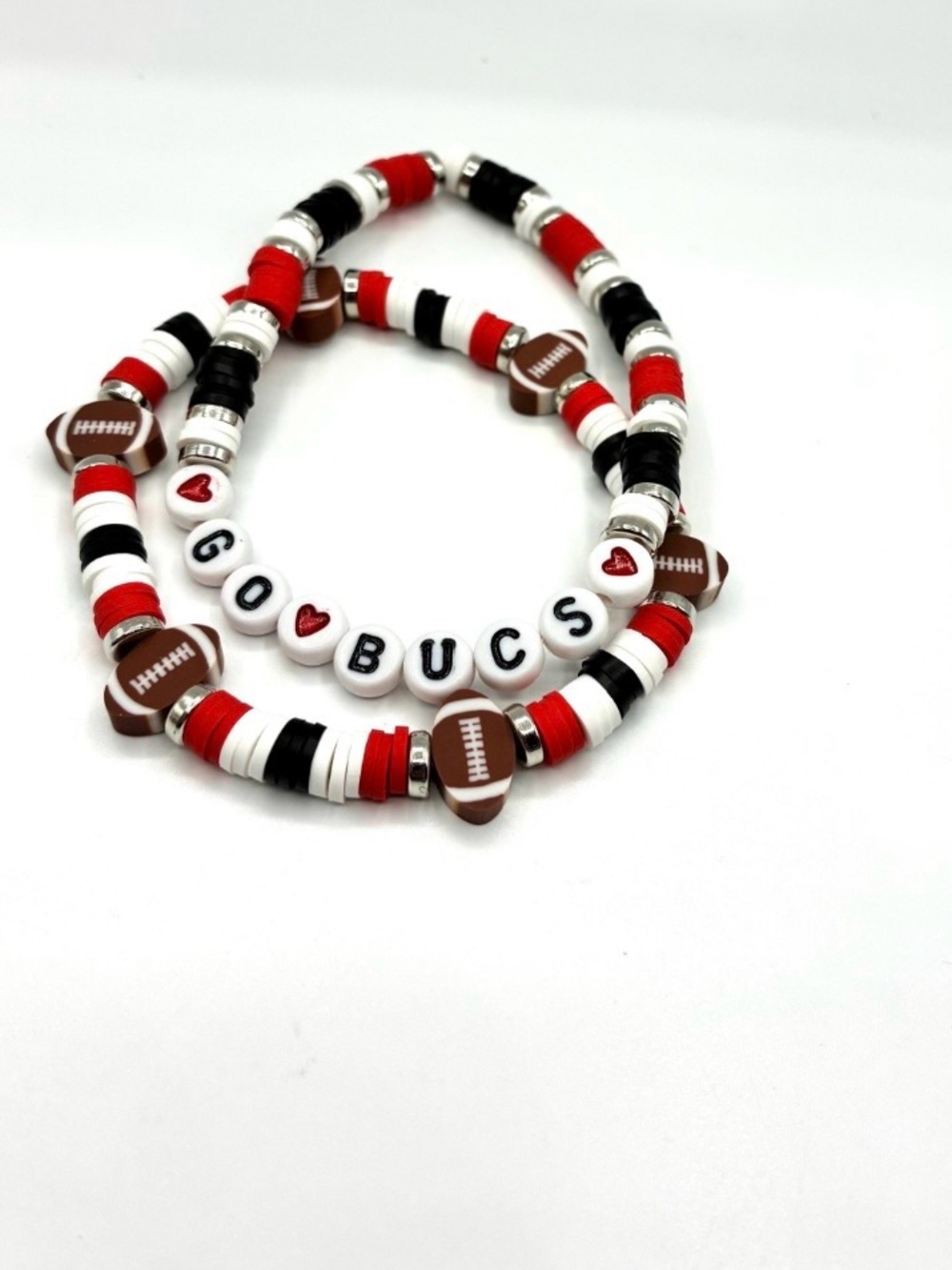 'Go Bucs' Football Beaded Stretch Bracelet Set- Red, Black & White